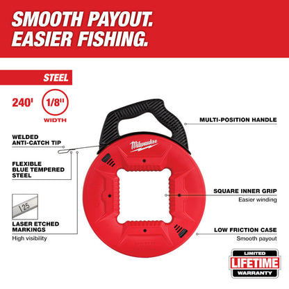 Milwaukee 48-22-4178 240 feet 1/8 inch Steel Fish Tape showing features of the fish tape