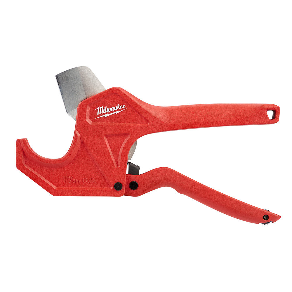 Milwaukee 48-22-4210 1-5/8 inch Ratcheting Pipe Cutter showing with the jaw open it capacity