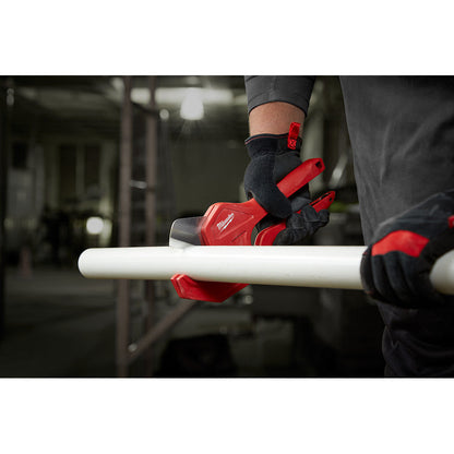 Milwaukee 48-22-4210 1-5/8 inch Ratcheting Pipe Cutter showing in use cutting pipe while being held