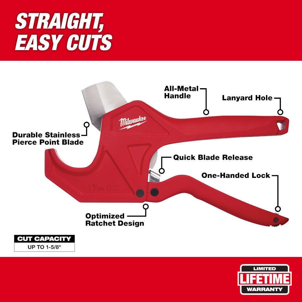 Milwaukee 48-22-4210 1-5/8 inch Ratcheting Pipe Cutter showing features of the pipe cutter