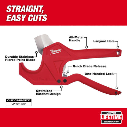Milwaukee 48-22-4210 1-5/8 inch Ratcheting Pipe Cutter showing features of the pipe cutter