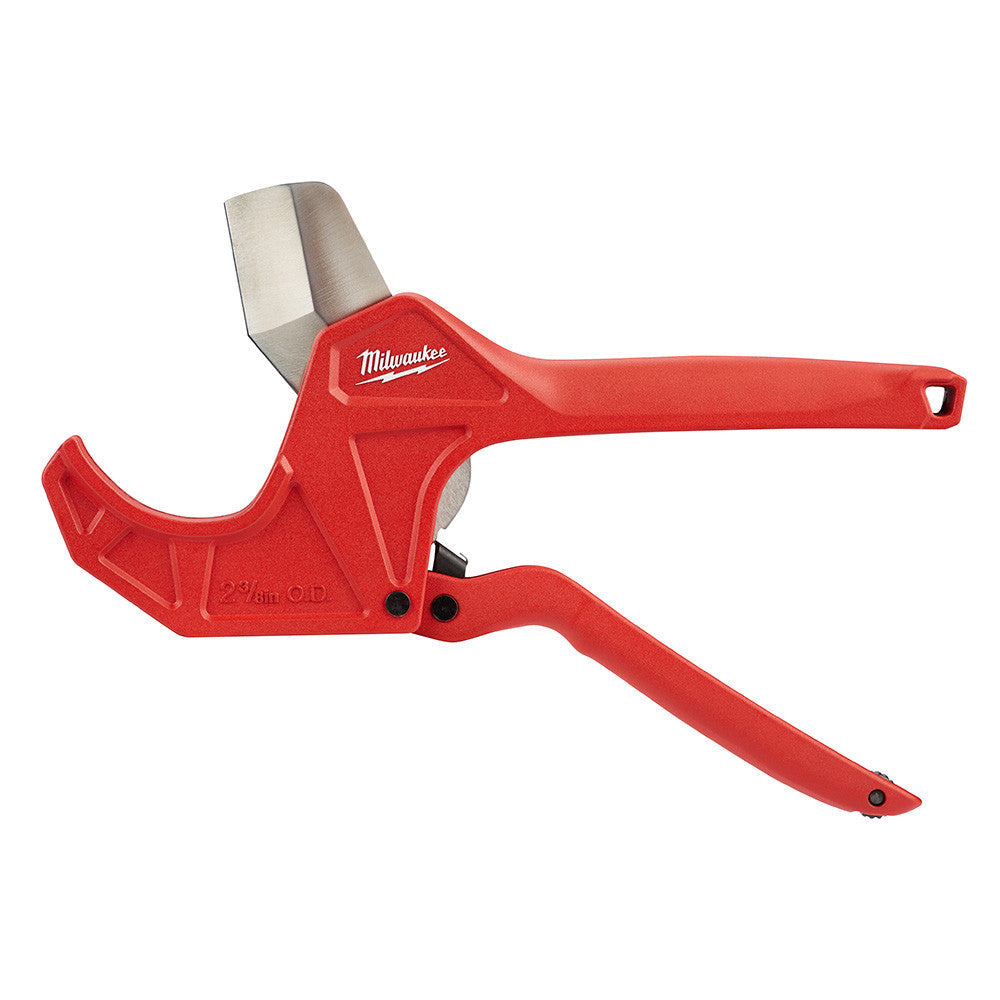 Milwaukee 48-22-4215 2-3/8 inch Ratcheting Pipe Cutter showing with the jaw open it capacity