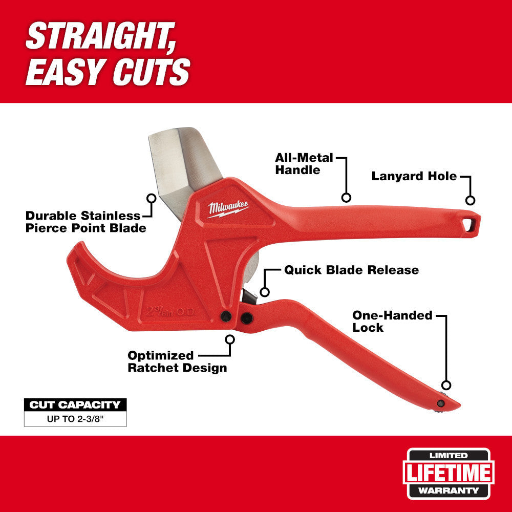 Milwaukee 48-22-4215 2-3/8 inch Ratcheting Pipe Cutter showing features of the pipe cutter