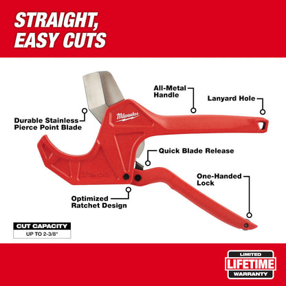 Milwaukee 48-22-4215 2-3/8 inch Ratcheting Pipe Cutter showing features of the pipe cutter