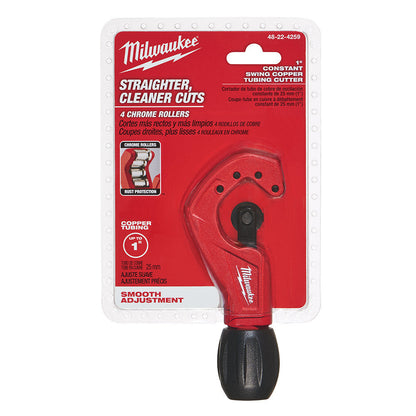 Milwaukee 48-22-4259 1 inch Constant Swing Copper Tubing Cutter showing pipe cutter in packaging