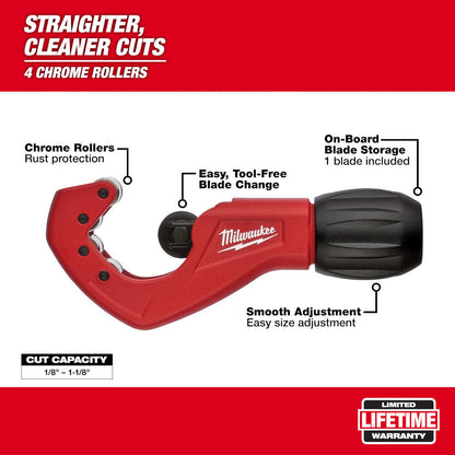Milwaukee 48-22-4259 1 inch Constant Swing Copper Tubing Cutter showing features of the pipe cutter