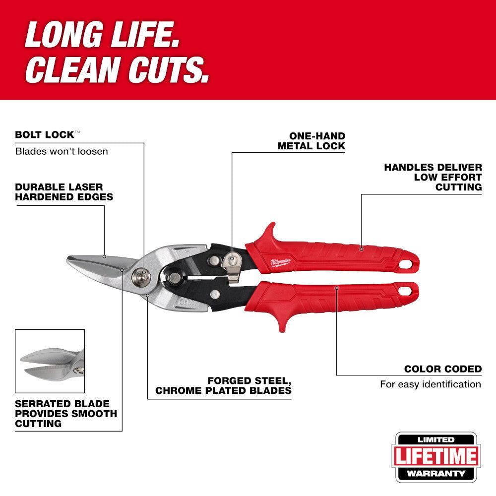 Milwaukee 48-22-4540 18GA Left Aviation Snips showing features of the snips