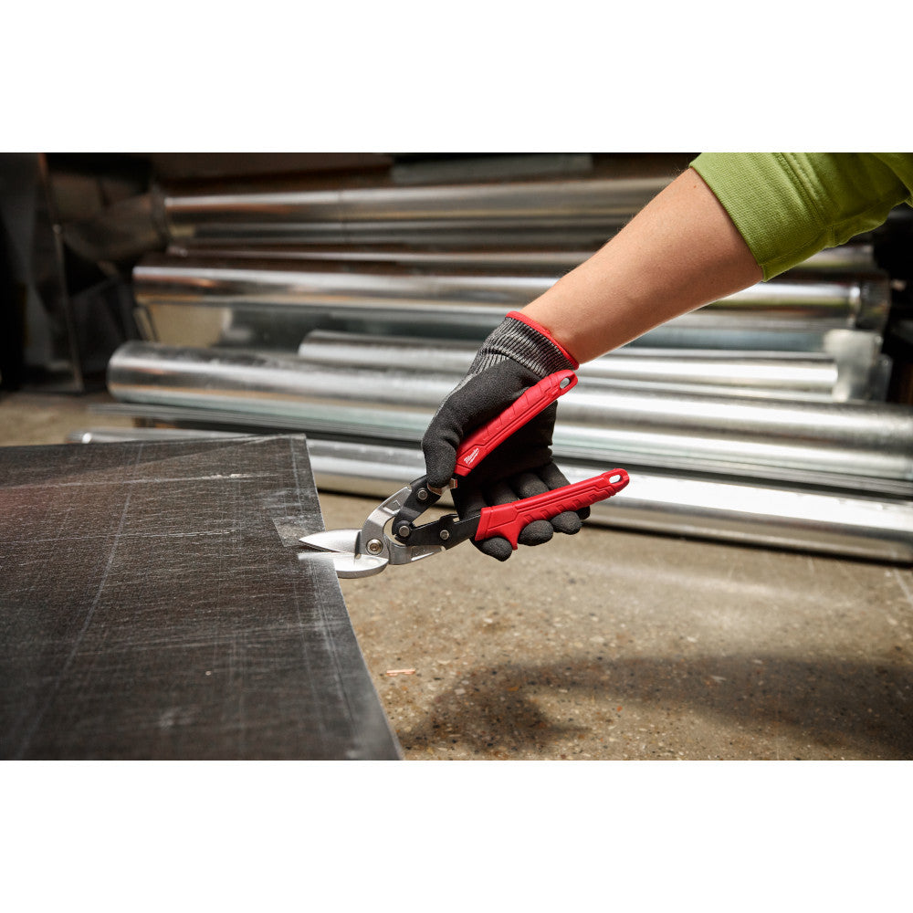 Milwaukee 48-22-4542 18GA Left Offset Snips showing in use cutting through sheet metal