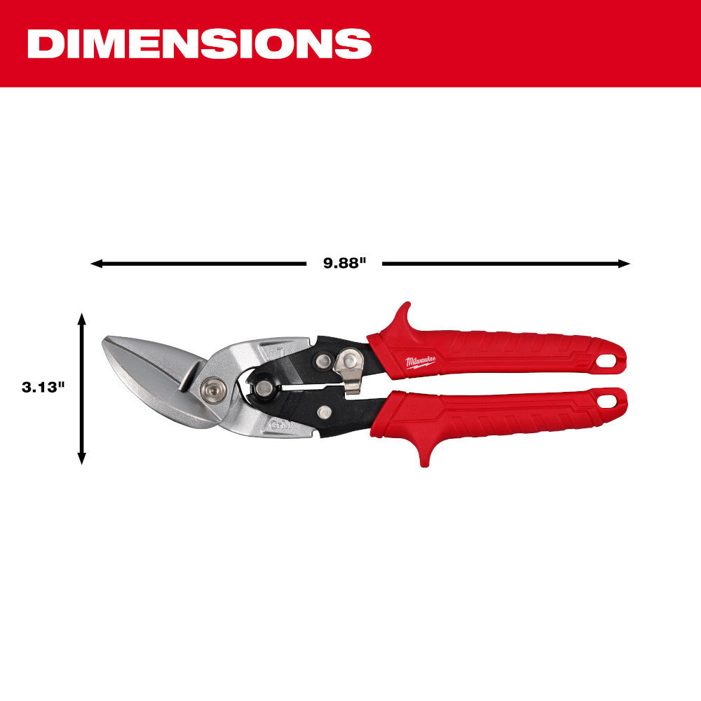 Milwaukee 48-22-4542 18GA Right Offset Snips showing dimensions of the snips