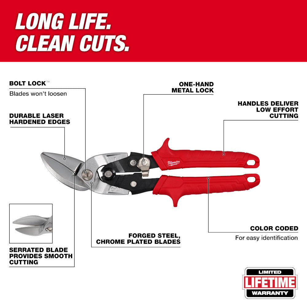 Milwaukee 48-22-4553 2pc Offset Snips Set showing features of the left cutting snips