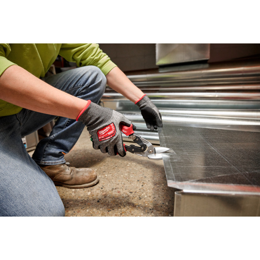 Milwaukee 48-22-4553 2pc Offset Snips Set showing in use cutting through sheet metal