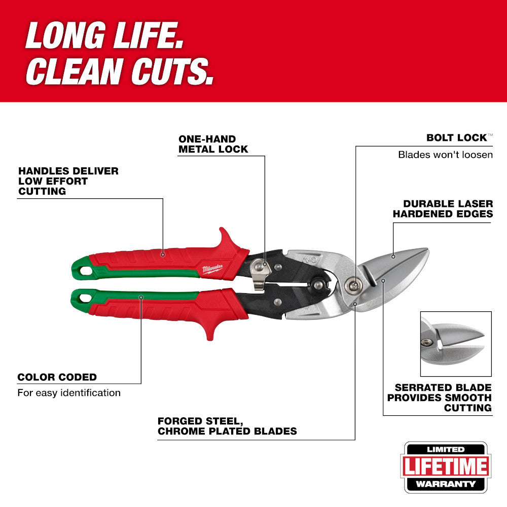 Milwaukee 48-22-4553 2pc Offset Snips Set showing features of the right cutting snips