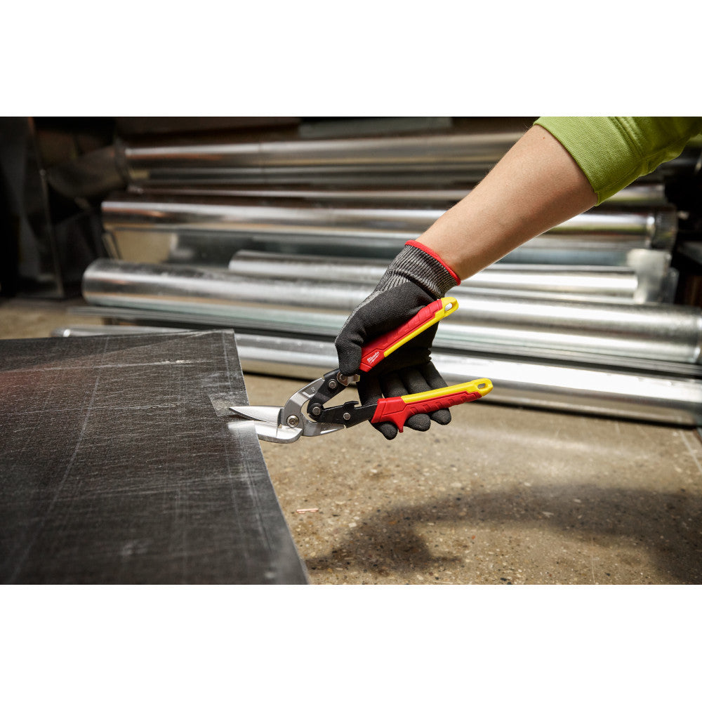 Milwaukee 48-22-4562 18GA Straight Offset Snip showing in use cutting through metal ducting