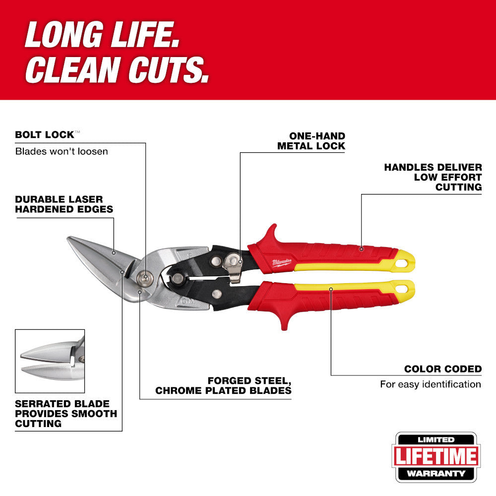 Milwaukee 48-22-4562 18GA Straight Offset Snip showing features of the snips