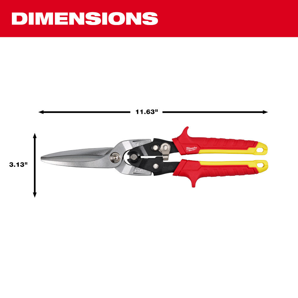 Milwaukee 48-22-4567 18GA Stght/Long Offset Snips showing dimensions of the snips