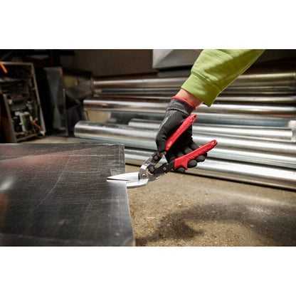 Milwaukee 48-22-4568 18GA Left Long Offset Snips showing in use cutting through sheet metal