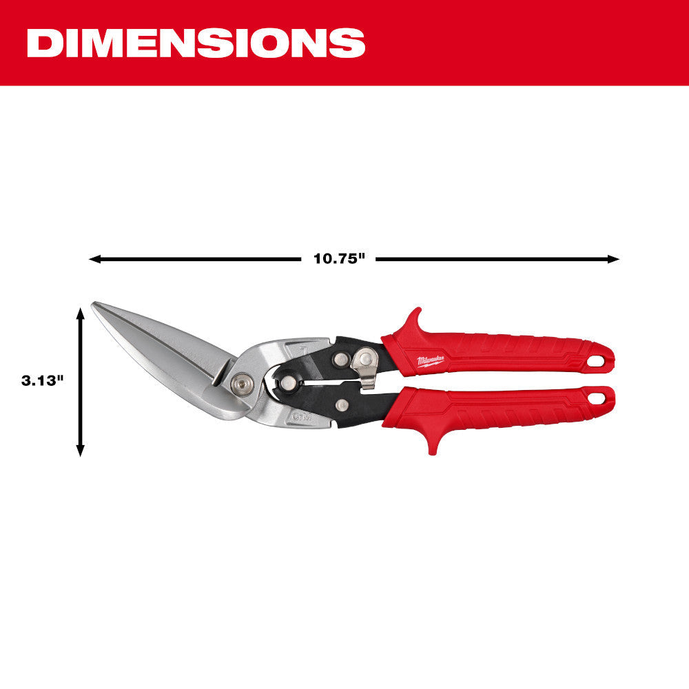 Milwaukee 48-22-4568 18GA Left Long Offset Snips showing dimensions of the snips