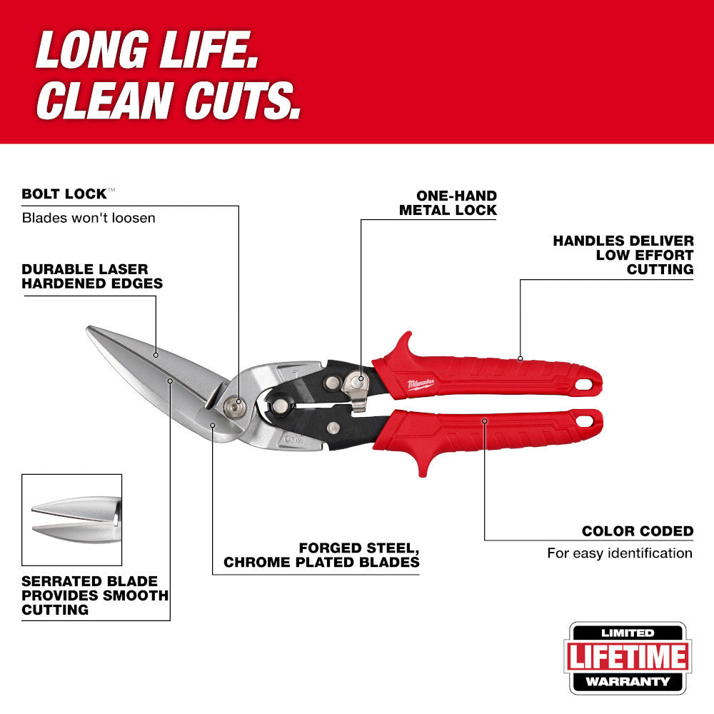Milwaukee 48-22-4568 18GA Left Long Offset Snips showing features of the snips