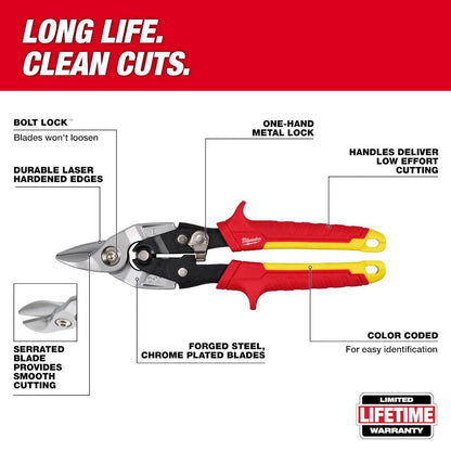 Milwaukee 48-22-4569 18GA Bulldog Aviation Snips showing features of the snips