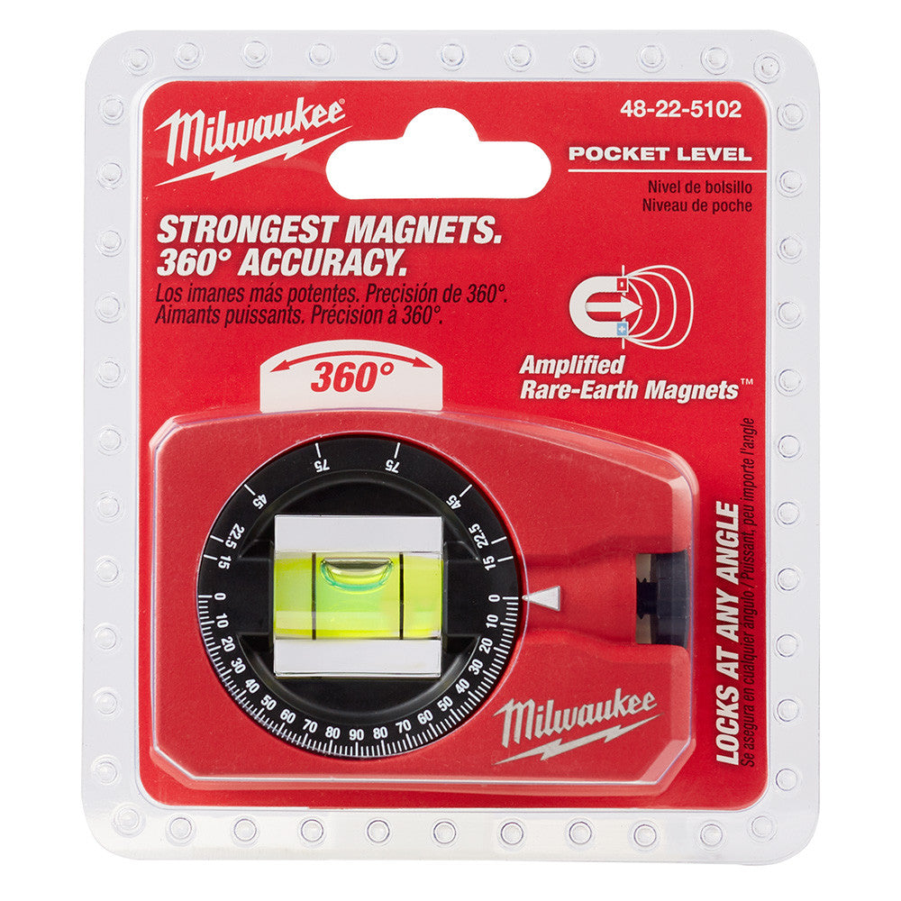 Milwaukee 48-22-5102 4 inch 360 degree Pocket Level showing level in packaging