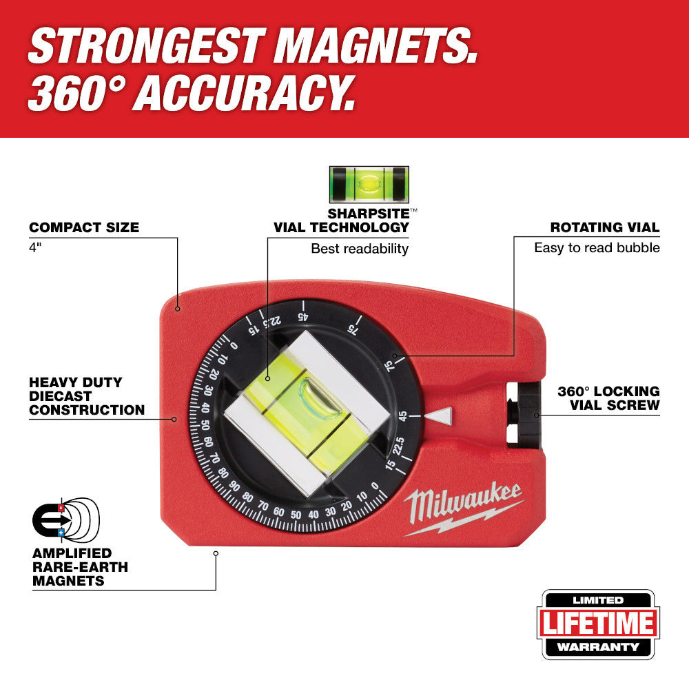 Milwaukee 48-22-5102 4 inch 360 degree Pocket Level showing features of the level