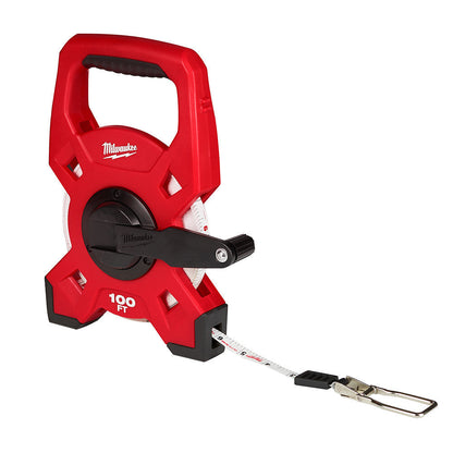 Milwaukee 48-22-5201 100 feet Steel Open Reel Long Tape Measure showing with a few inches pulled out of housing