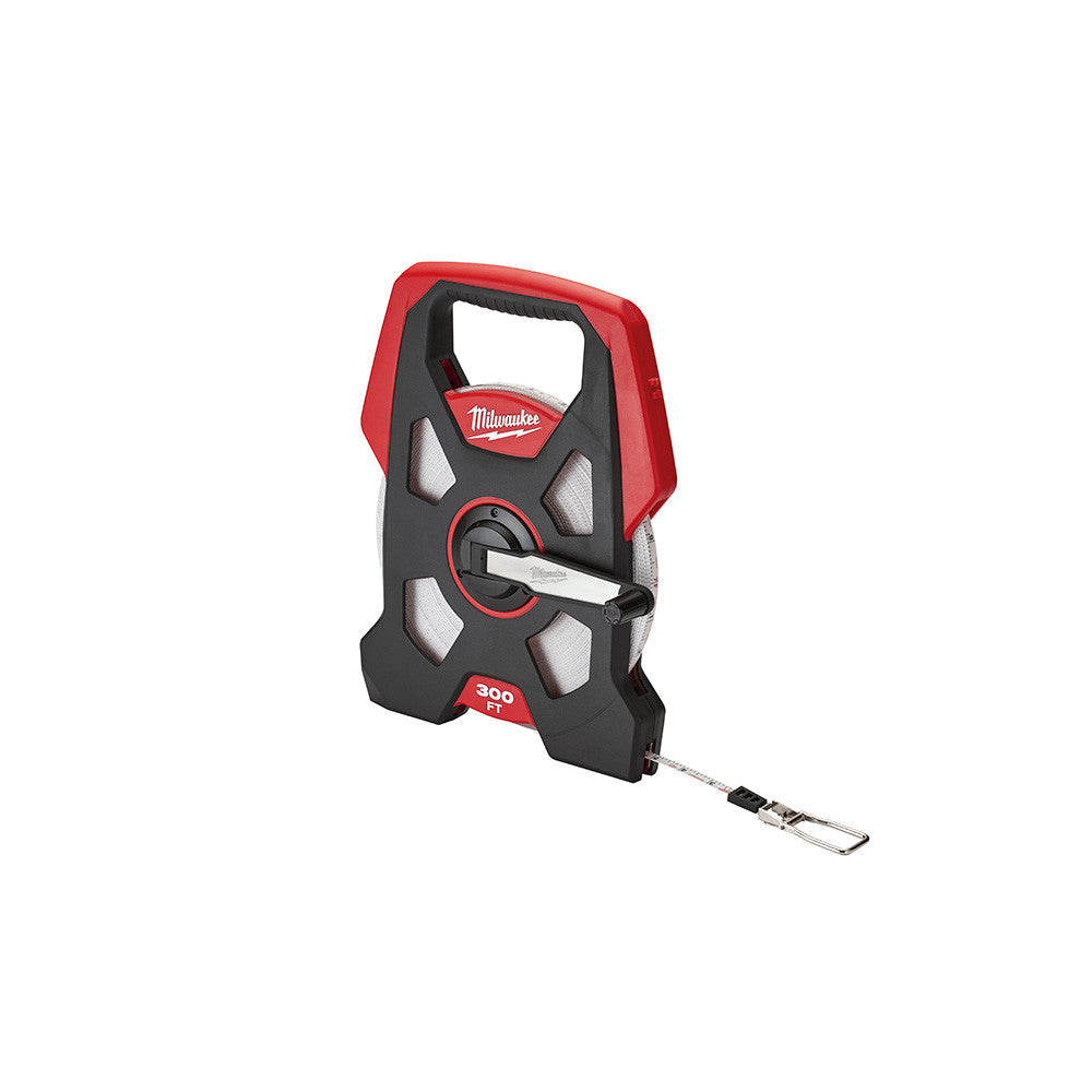 Milwaukee 48-22-5230 300 feet Open Reel Long Tape Measure showing with a few inches pulled out