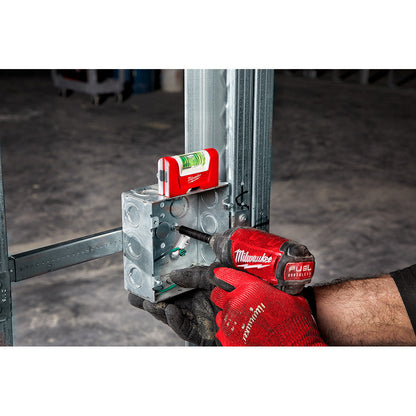 48-22-5603 3 inch Compact Magnetic Pocket Level showing level in use leveling an electrical box