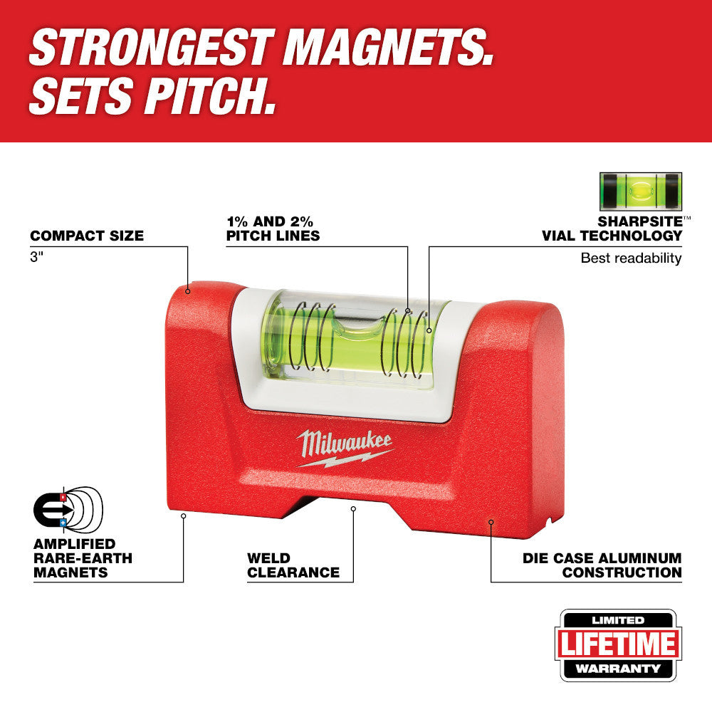 48-22-5603 3 inch Compact Magnetic Pocket Level showing features of the level