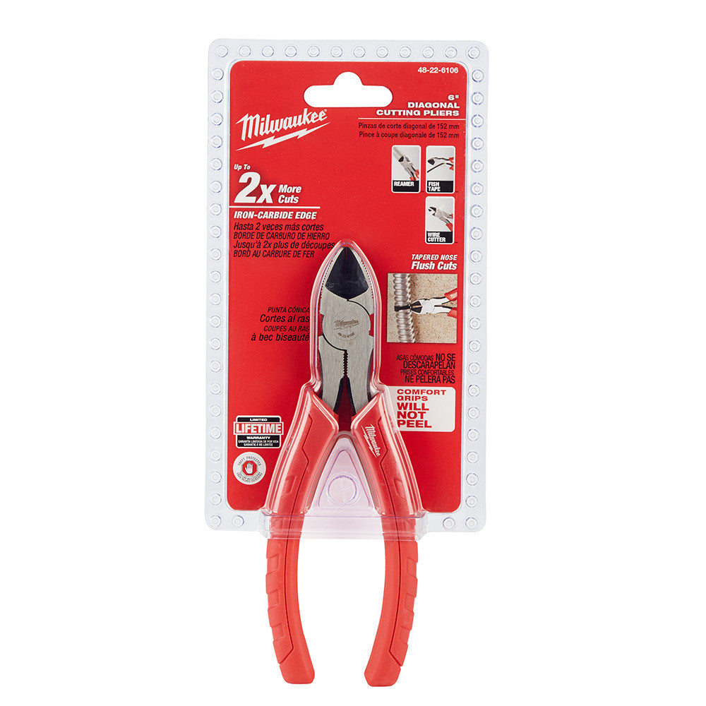 Milwaukee 48-22-6106 6 inch Comfort Grip Diagonal Pliers showing diagonal pliers in packaging