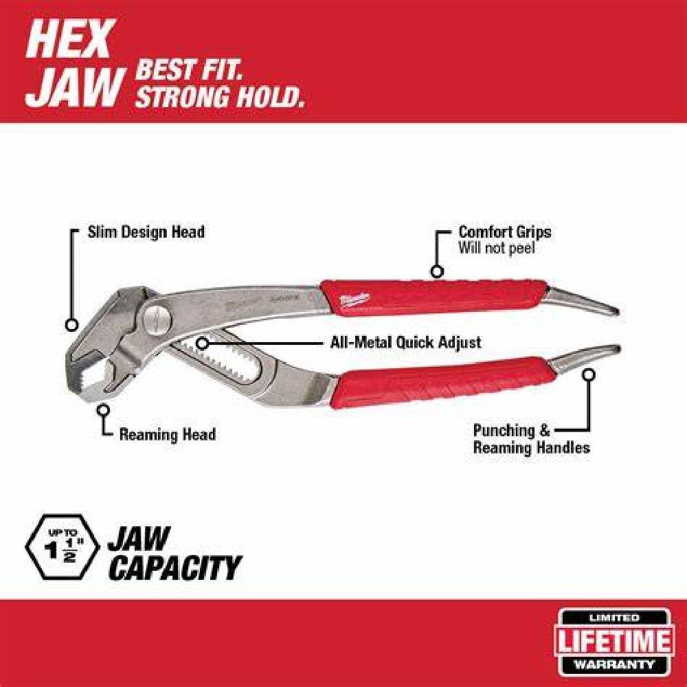 Milwaukee 48-22-6208 8 inch Comfort Grip V-Jaw Pliers showing features of the pliers