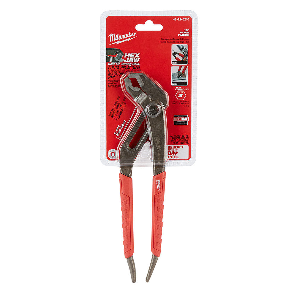 Milwaukee 48-22-6210 10 inch Comfort Grip V-Jaw Pliers showing pliers in packaging