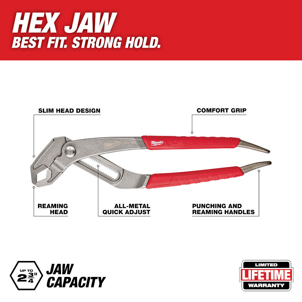 Milwaukee 48-22-6212 12 inch Comfort Grip V-Jaw Pliers showing features of the pliers