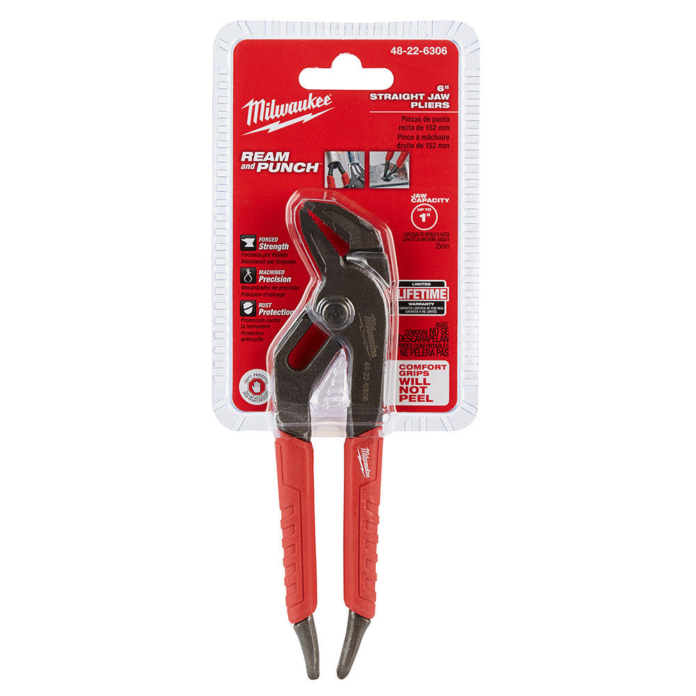 Milwaukee 48-22-6306 6 inch Comfort Grip Straight-Jaw Pliers showing pliers in packaging