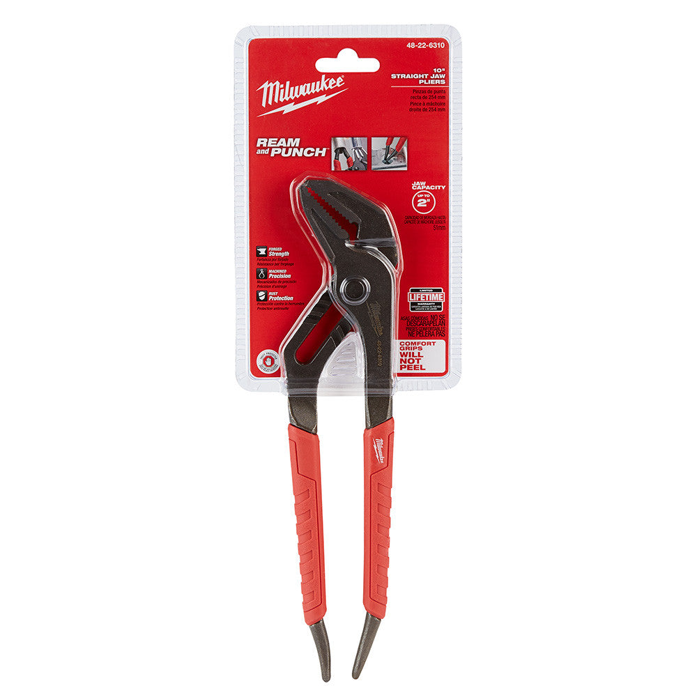 Milwaukee 48-22-6310 10 inch Comfort Grip Straight-Jaw Pliers showing pliers in packaging