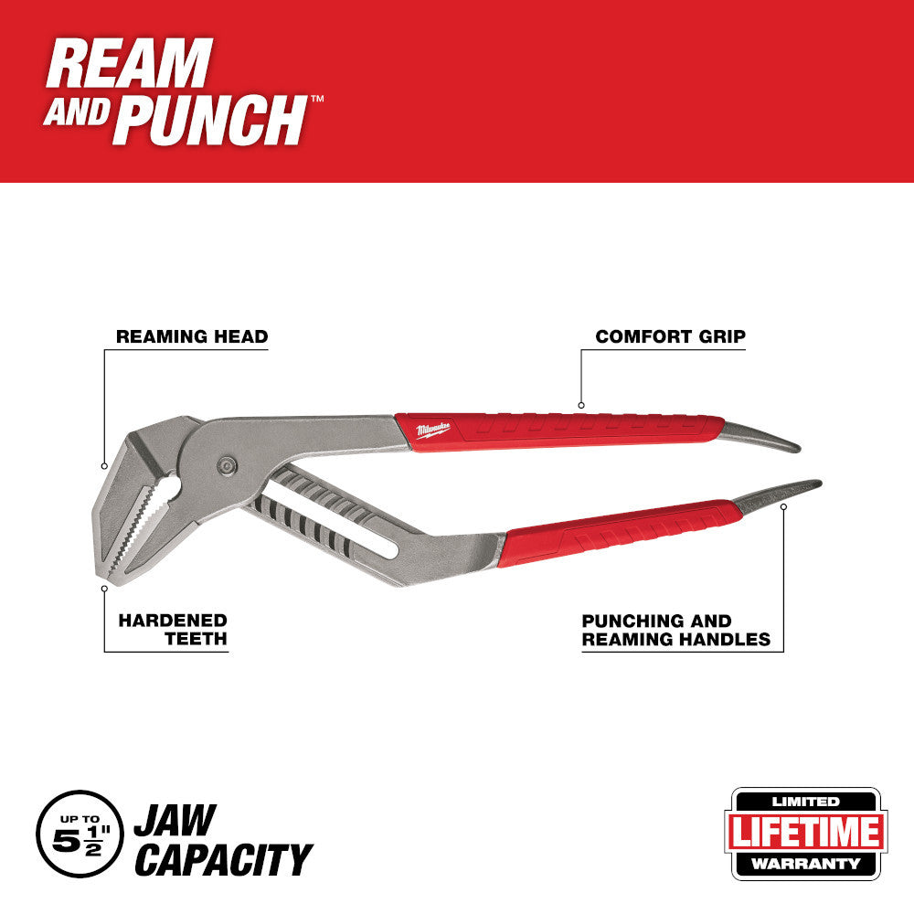 Milwaukee 48-22-6320 20 inch Comfort Grip Straight-Jaw Pliers showing features of the pliers