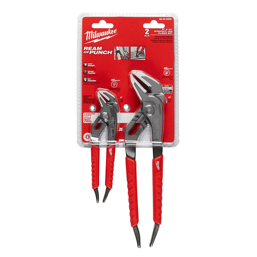 Milwaukee 48-22-6330 2pc 6 inch & 10 inch Comfort Grip Straight-Jaw Pliers Set showing pliers in packaging