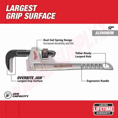 Milwaukee 48-22-7212 12 inch Aluminum Pipe Wrench showing features of the pipe wrench