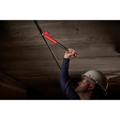 Milwaukee 48-22-7314 CHEATER Steel Adaptable Pipe Wrench showing in use fastening lengths of pipe together