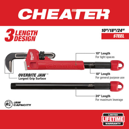Milwaukee 48-22-7314 CHEATER Steel Adaptable Pipe Wrench showing info on jaw and multiple grip length