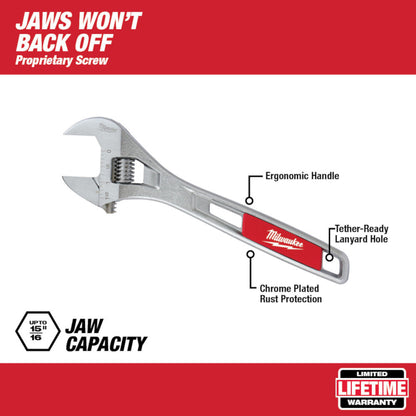 Milwaukee 48-22-7406 6 inch Adjustable Wrench showing with features of the wrench