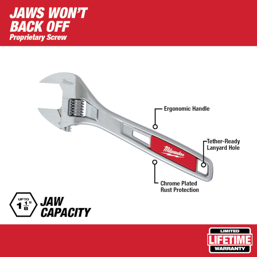 Milwaukee 48-22-7408 8 inch Adjustable Wrench showing with features of the wrench