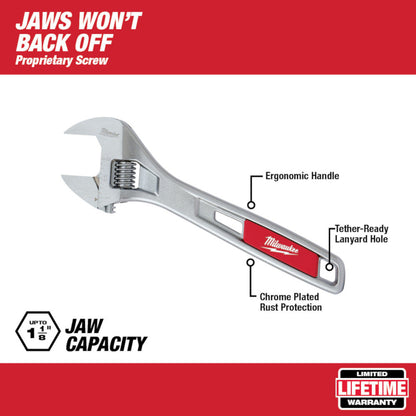 Milwaukee 48-22-7408 8 inch Adjustable Wrench showing with features of the wrench
