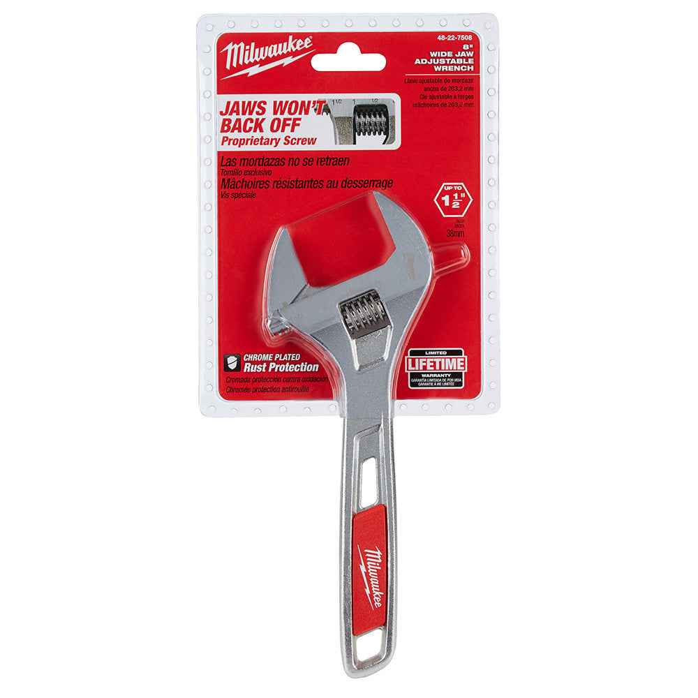 Milwaukee 48-22-7508 8 inch Wide Jaw Adjustable Wrench showing wrench in packaging