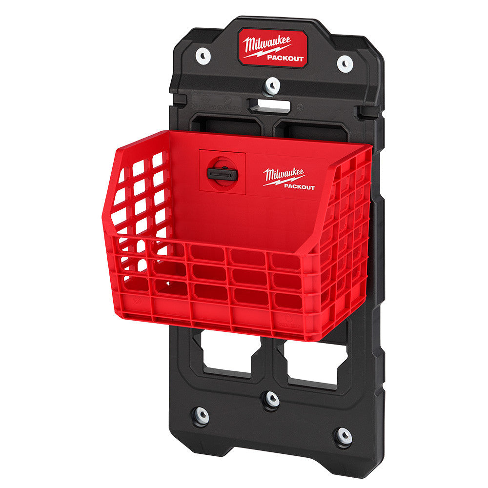Milwaukee 48-22-8342 PACKOUT Compact Wall Basket showing basket locked and mounted to packout wall bracket