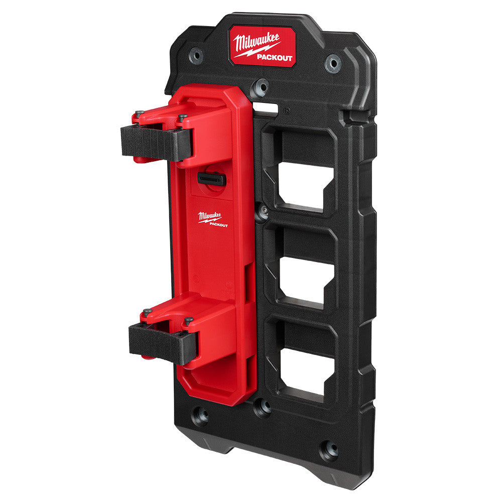Milwaukee 48-22-8348 PACKOUT Long Handle Tool Holder showing long handle tool holder locked and mounted to packout wall bracket