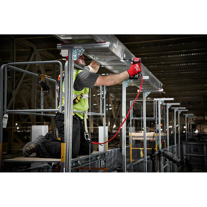 Milwaukee 48-22-8811 10lbs 54 inch Extended Reach Locking Tool Lanyard showing in use mounted to impact drill and operators belt