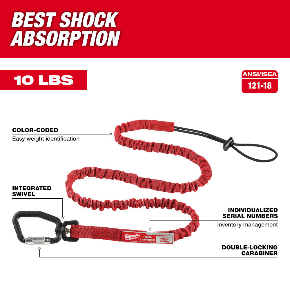 Milwaukee 48-22-8811 10lbs 54 inch Extended Reach Locking Tool Lanyard showing features of the lanyard