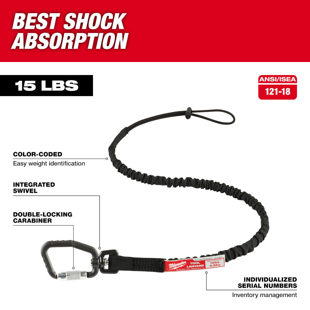 Milwaukee 48-22-8815 15lbs 36 inch Locking Tool Lanyard showing features of the lanyard showing in use mounted to a hammer drill (hammer drill sold separately)