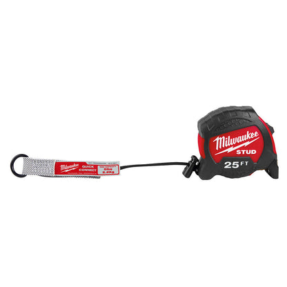 Milwaukee 48-22-8822 5lbs Small Quick-Connect Accessory - 3pk showing in use mounted to a tape measure (tape measure sold separately)